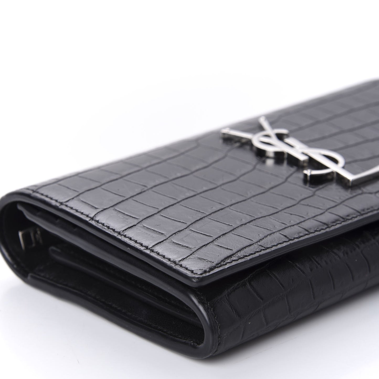 Calfskin Crocodile Embossed Monogram Flap Wallet Black