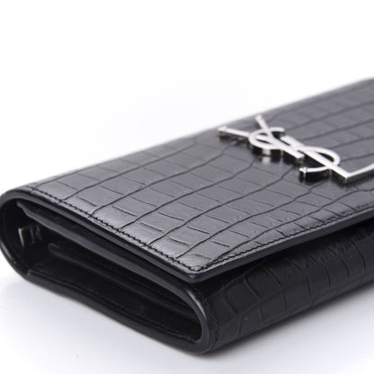 Saint Laurent Calfskin Crocodile Embossed Monogram Flap Wallet Black 6 of 10