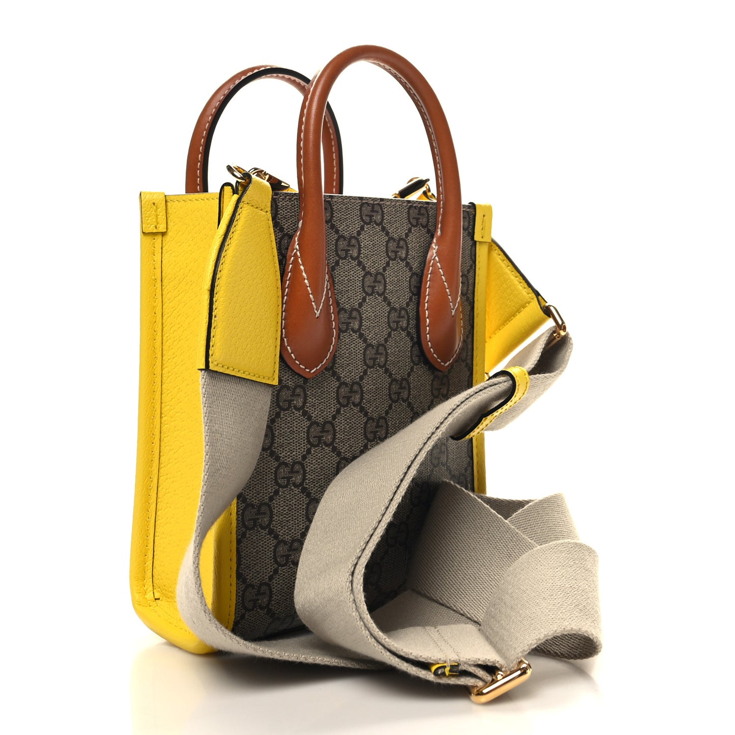 GG Supreme Monogram Textured Dollar Calfskin Heart Interlocking G Mini Vertical Tote Beige Ebony Harness Brown Yellow