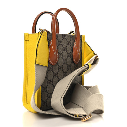 Gucci GG Supreme Monogram Textured Dollar Calfskin Heart Interlocking G Mini Vertical Tote Beige Ebony Harness Brown Yellow 3 of 9