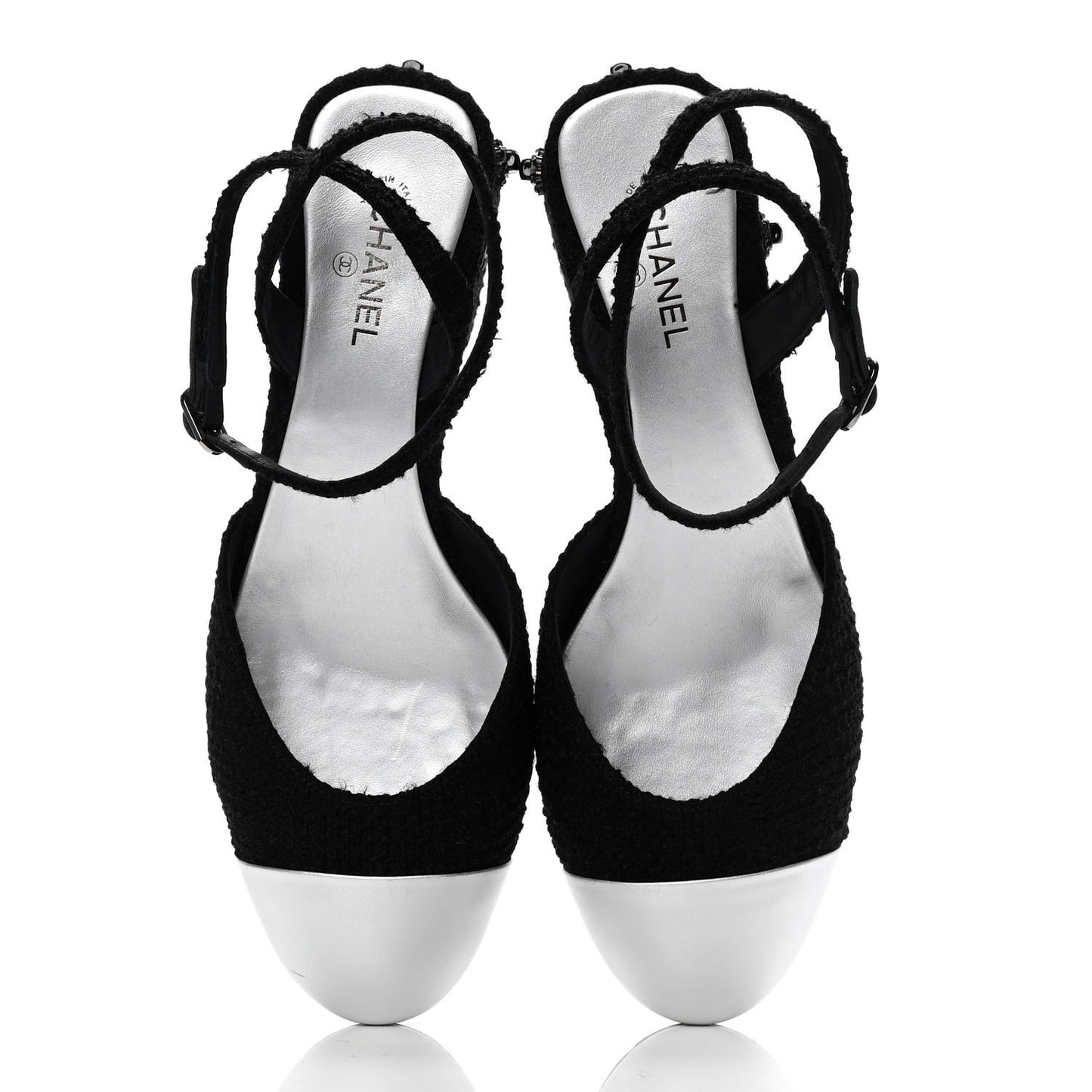 Tweed Iridescent Calfskin Cap Toe CC Slingback Pumps 39 Black Silver