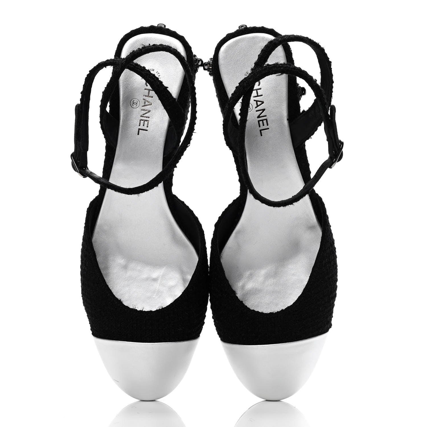 Chanel Tweed Iridescent Calfskin Cap Toe CC Slingback Pumps 39 Black Silver 4 of 9
