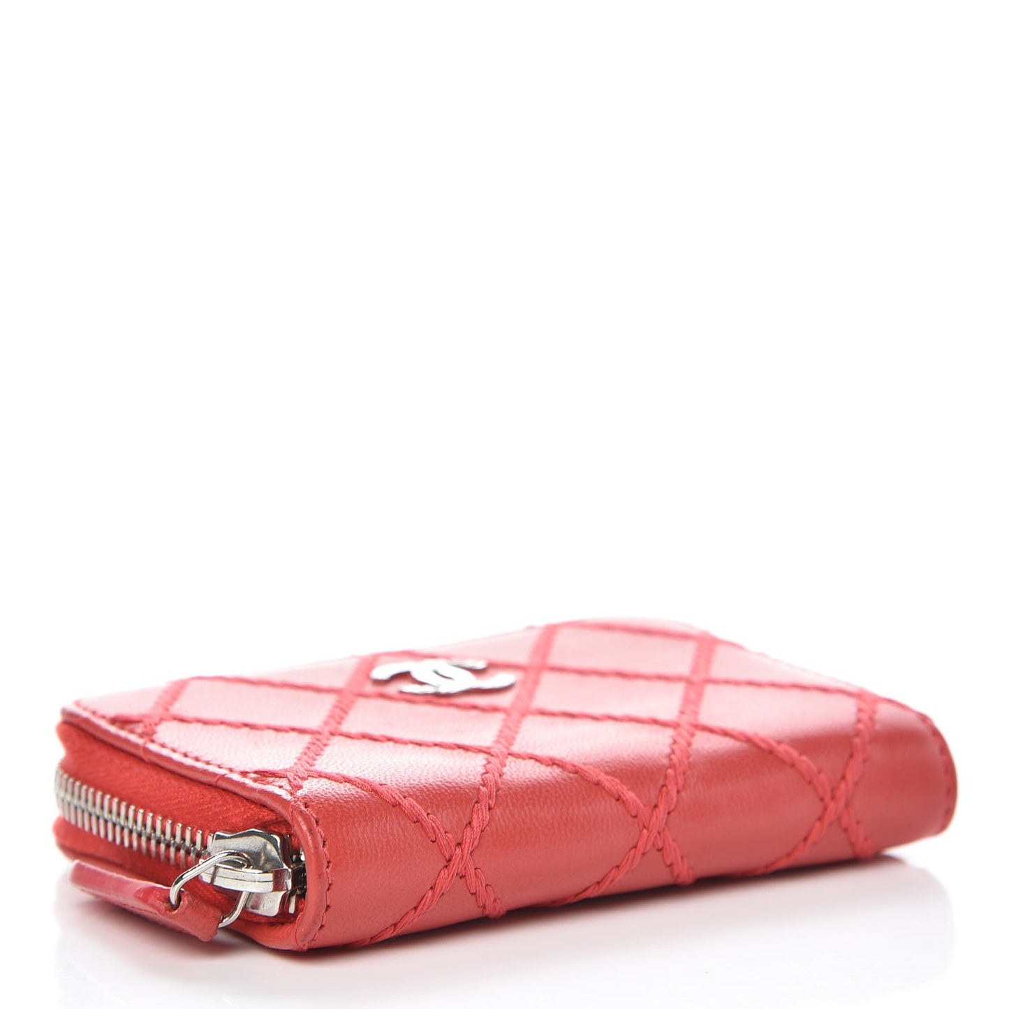 Lambskin Double Stitch Zip Coin Purse Coral Pink