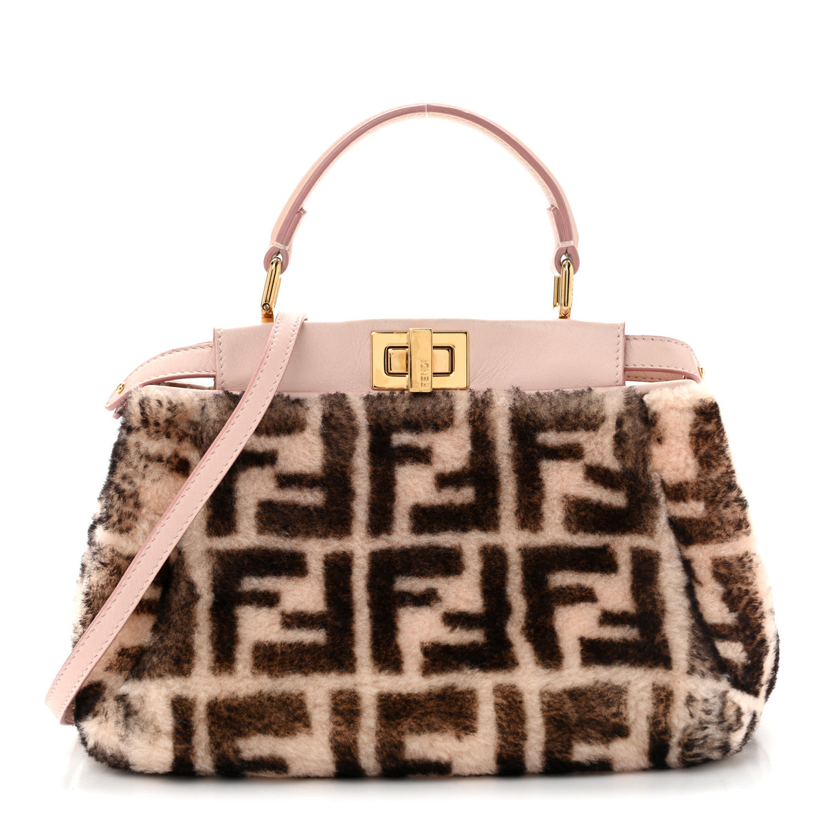Fendi Shearling Nappa Macro FF 1974 Mini Peekaboo Iconic Satchel Light Rose Black 1 of 13