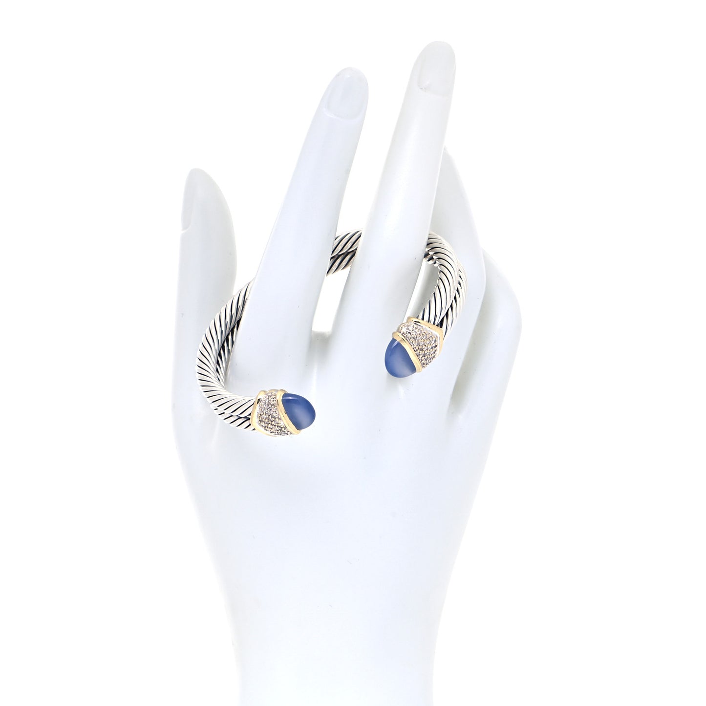 Sterling Silver 18K Yellow Gold Diamond Blue Chalcedony Double Cable Bracelet