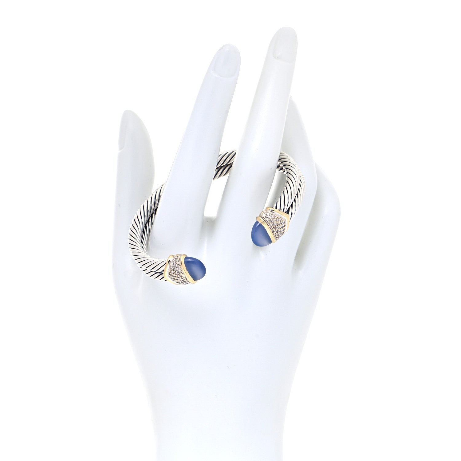 David Yurman Sterling Silver 18K Yellow Gold Diamond Blue Chalcedony Double Cable Bracelet 2 of 4