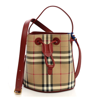 Burberry E-Canvas Vintage Check Mini Drawstring Bucket Bag Archive Beige Ruby Red 1 of 9