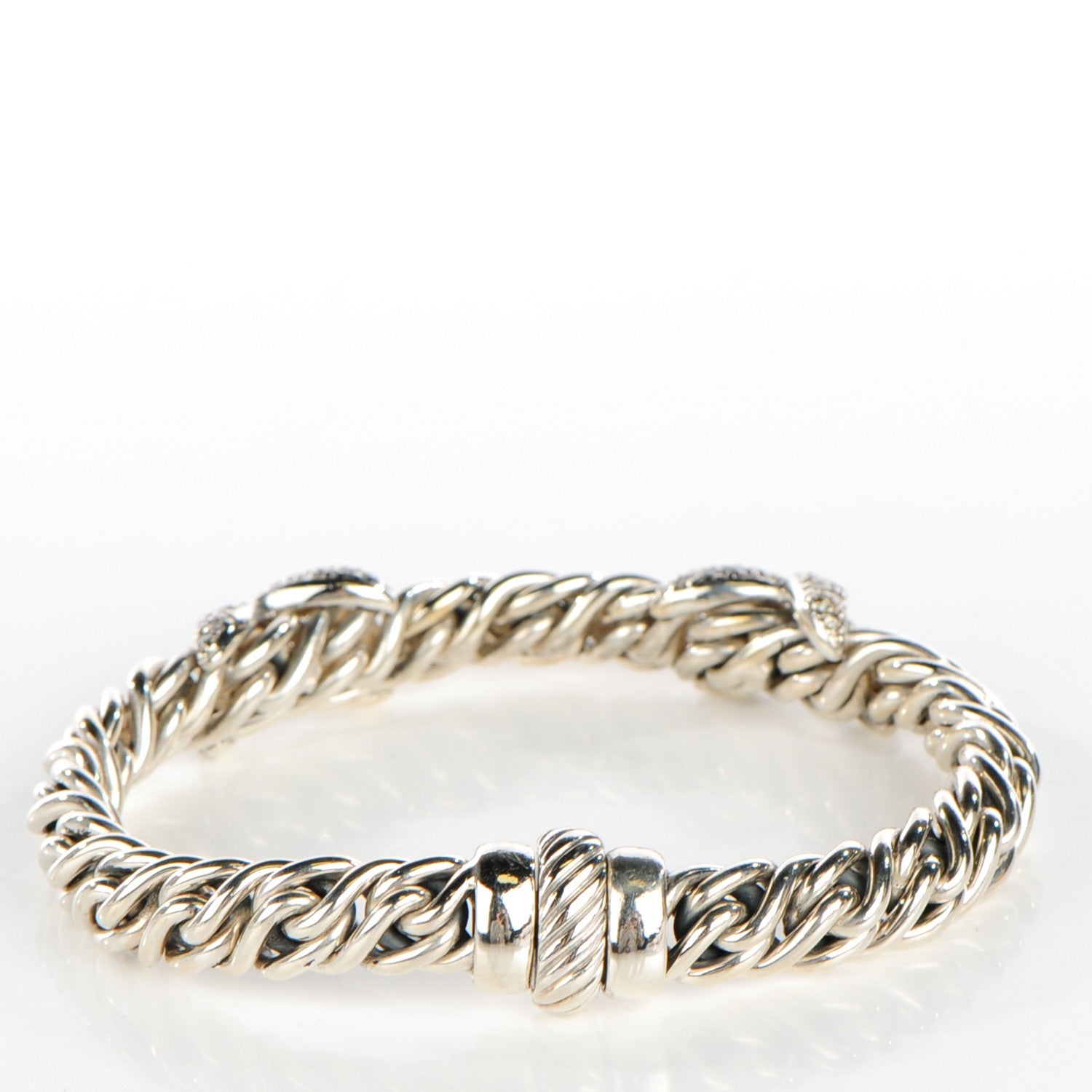 David Yurman Sterling Silver Pave Diamond 9mm Double X Wheat Bracelet 3 of 5