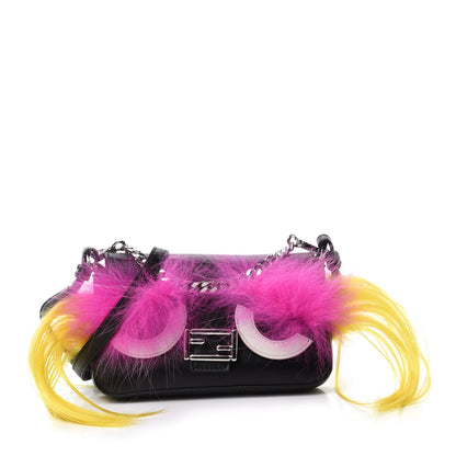 Fendi Nappa Shatoosh Fox Goat Fur Monster Micro Baguette Black Fuchsia Giallo 1 of 10