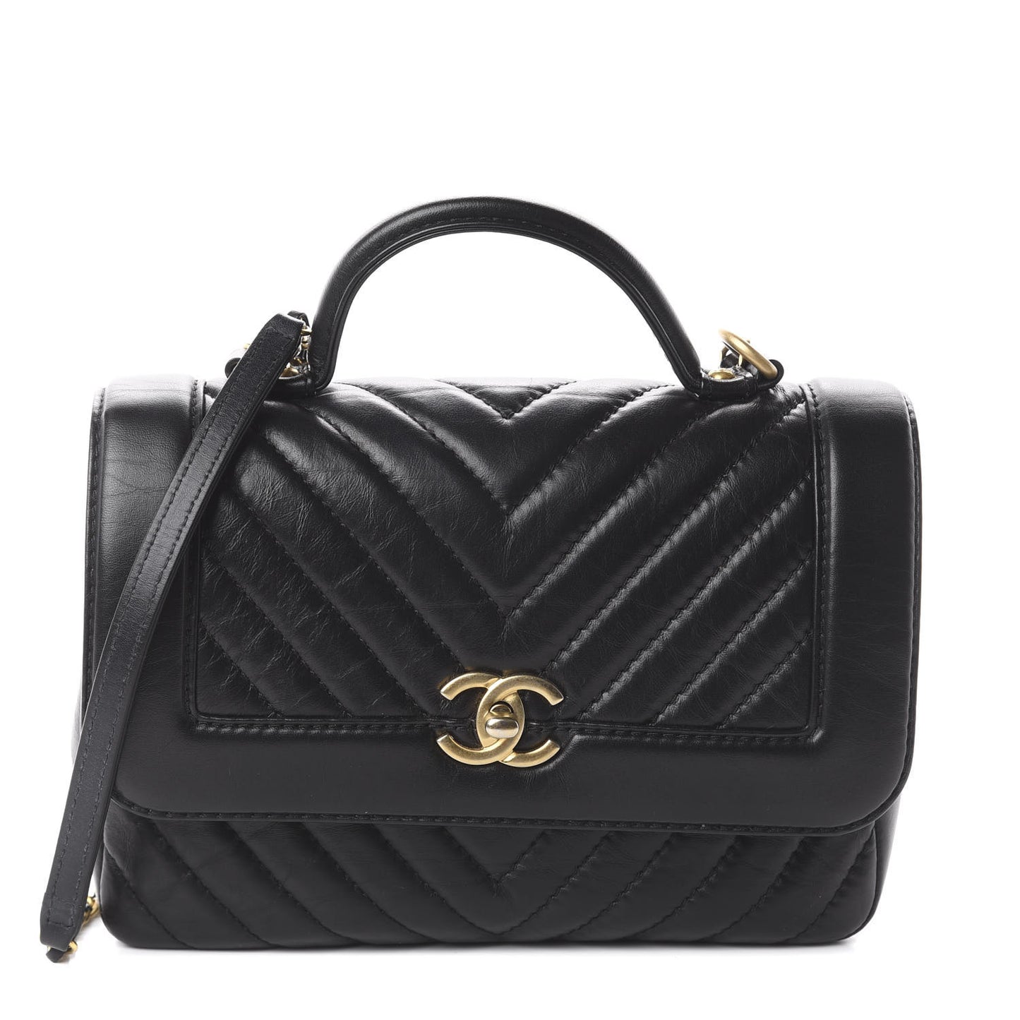 Calfskin Chevron Quilted Top Handle Flap Black