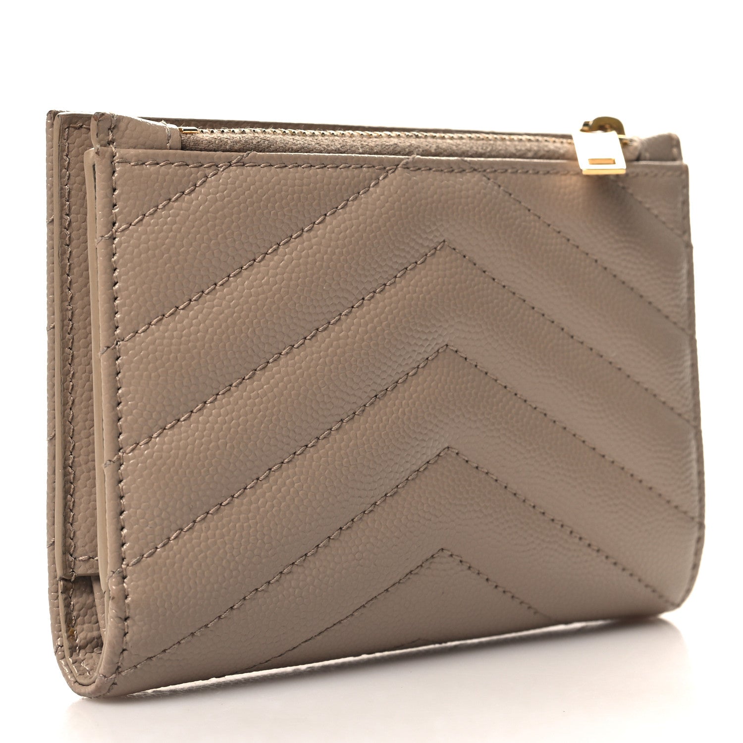 Saint Laurent Grain De Poudre Matelasse Chevron Monogram Zipped Card Case Dark Beige 3 of 9