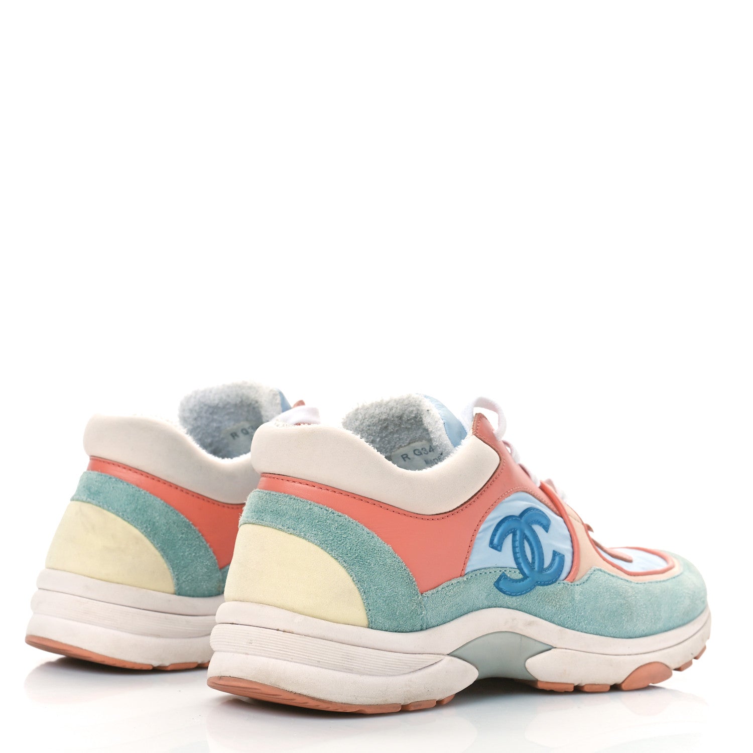 Chanel Nylon Lambskin Suede Calfskin CC Sneakers 36.5 Coral Light Blue White 3 of 14