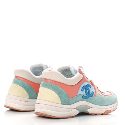 Chanel Nylon Lambskin Suede Calfskin CC Sneakers 36.5 Coral Light Blue White 3 of 14