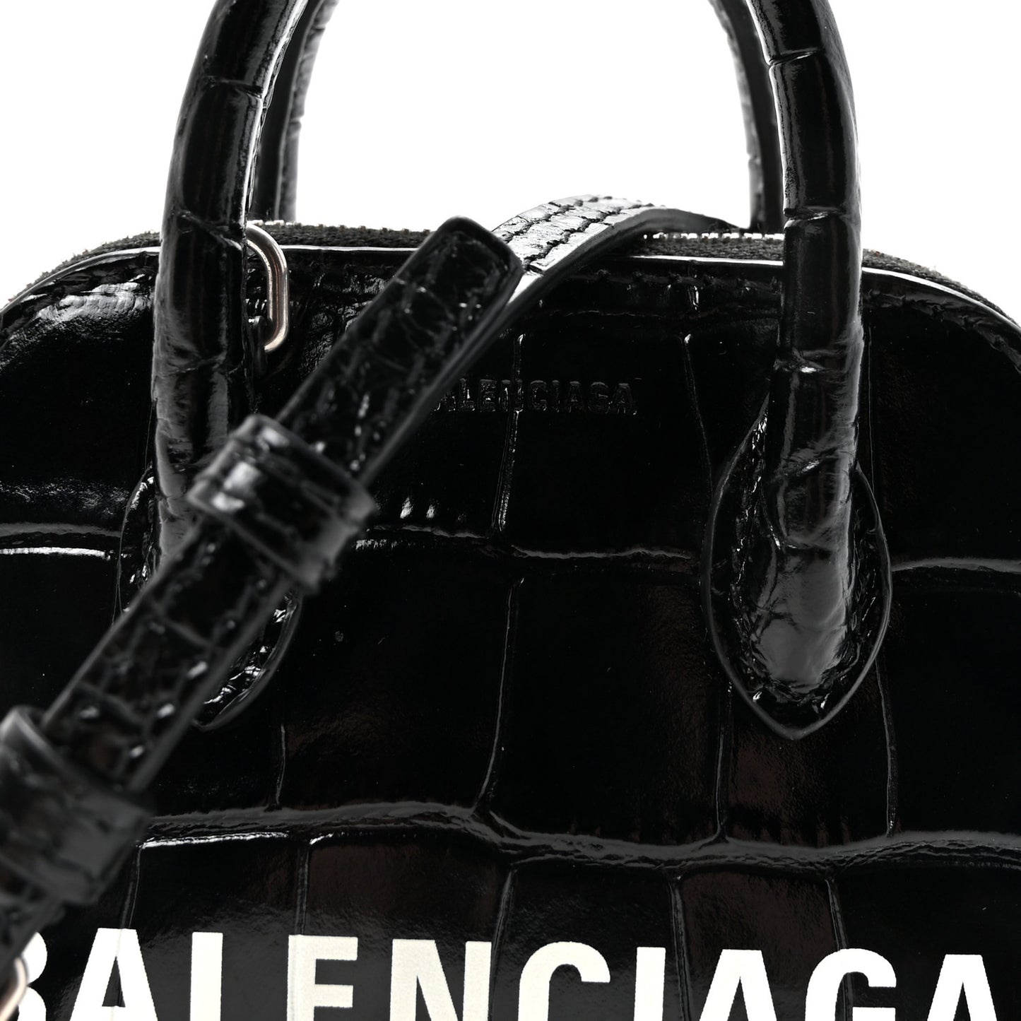 Shiny Calfskin Logo Crocodile Embossed Mini Ville Top Handle Bag Black