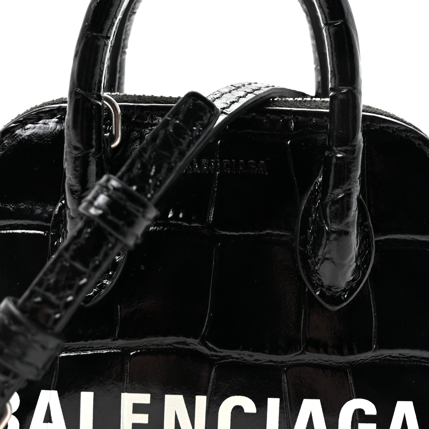 Balenciaga Shiny Calfskin Logo Crocodile Embossed Mini Ville Top Handle Bag Black 7 of 9