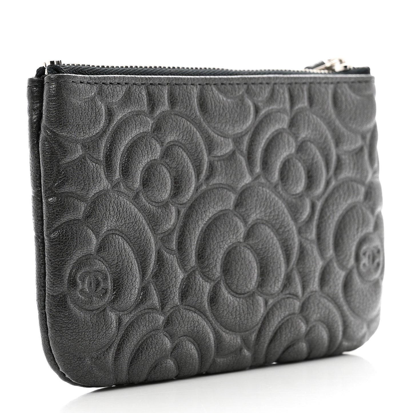 Goatskin Camellia Embossed Cosmetic Pouch Anthracite