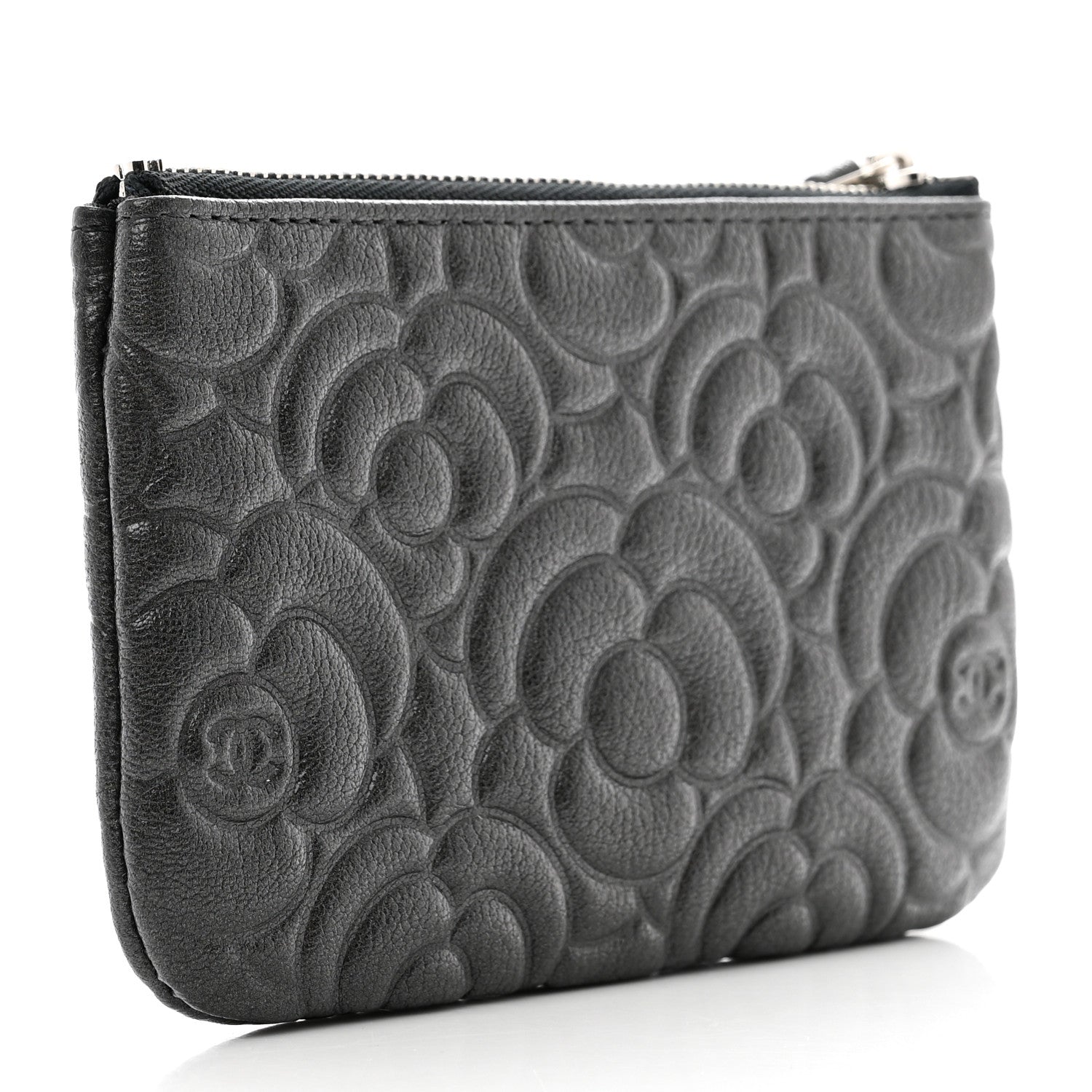 Chanel Goatskin Camellia Embossed Cosmetic Pouch Anthracite 3 of 8