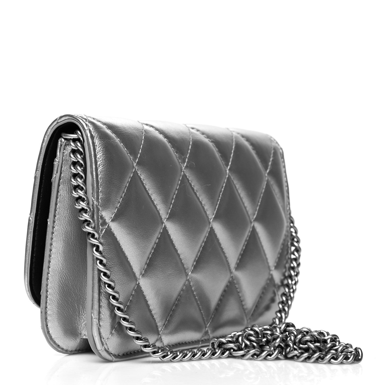 Balenciaga Metallic Calfskin Quilted Touch B Wallet On Chain Silver 2 of 11