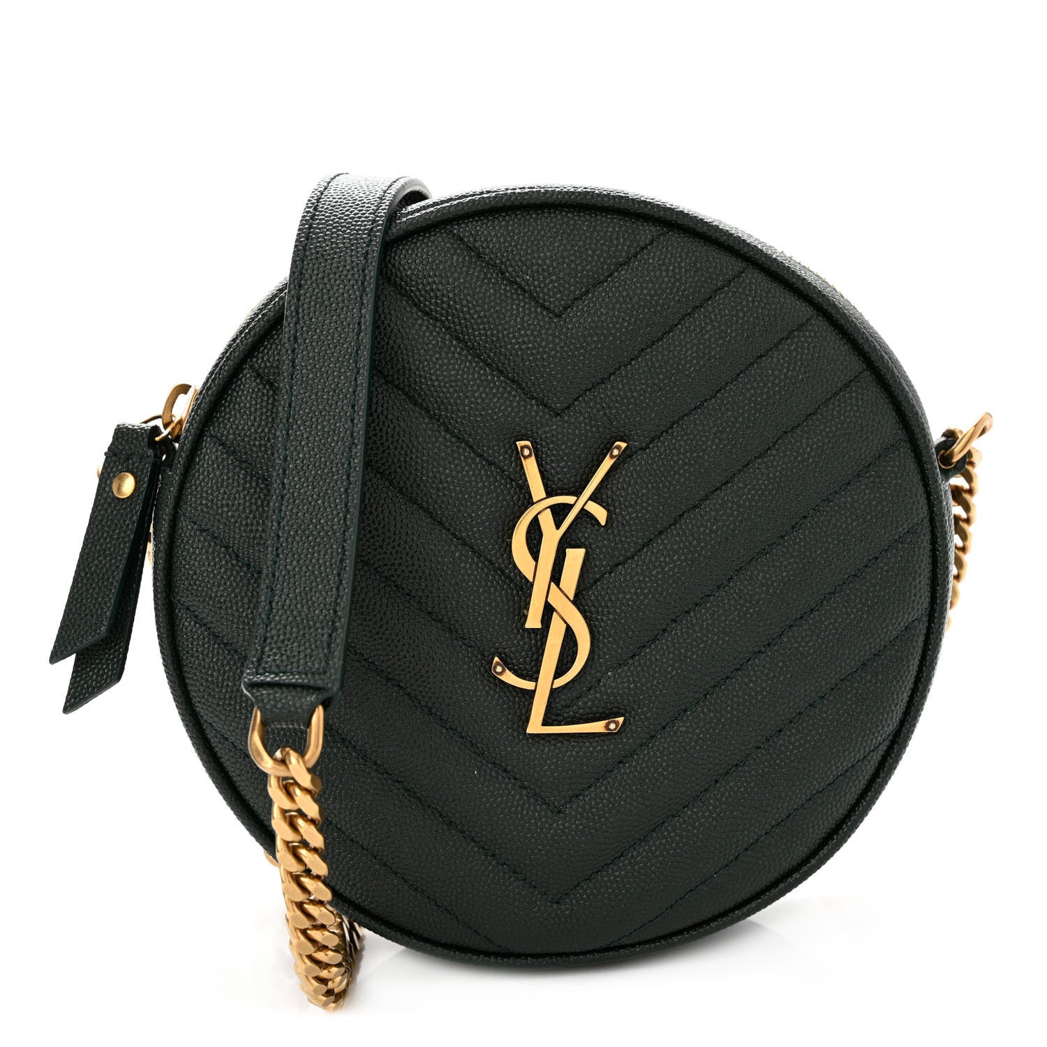 Saint Laurent Grain De Poudre Matelasse Chevron Quilted Round Vinyle Camera Bag New Vert Fonce 1 of 11