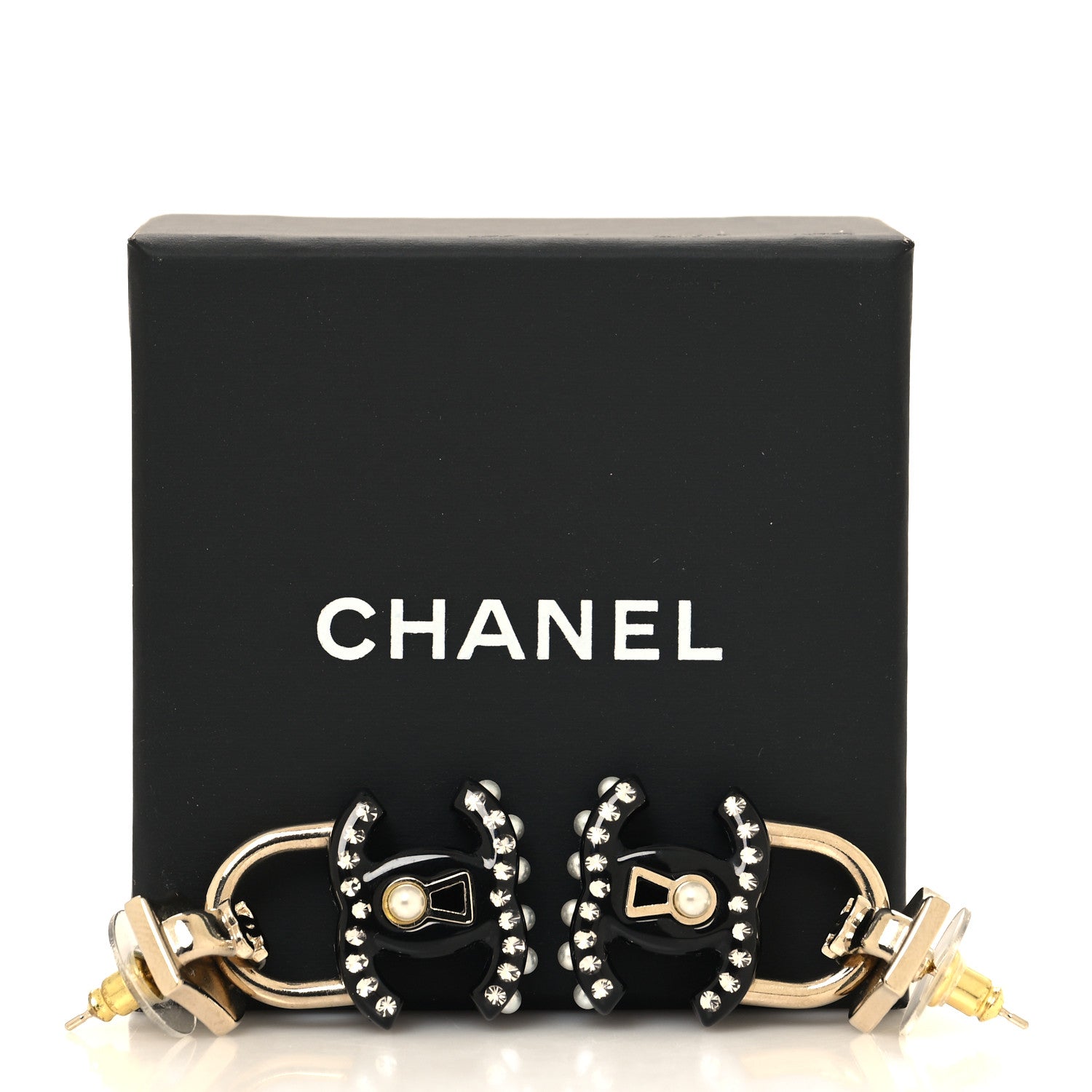 Chanel Metal Resin Crystal Pearl CC Lock Drop Earrings Gold Black 5 of 5