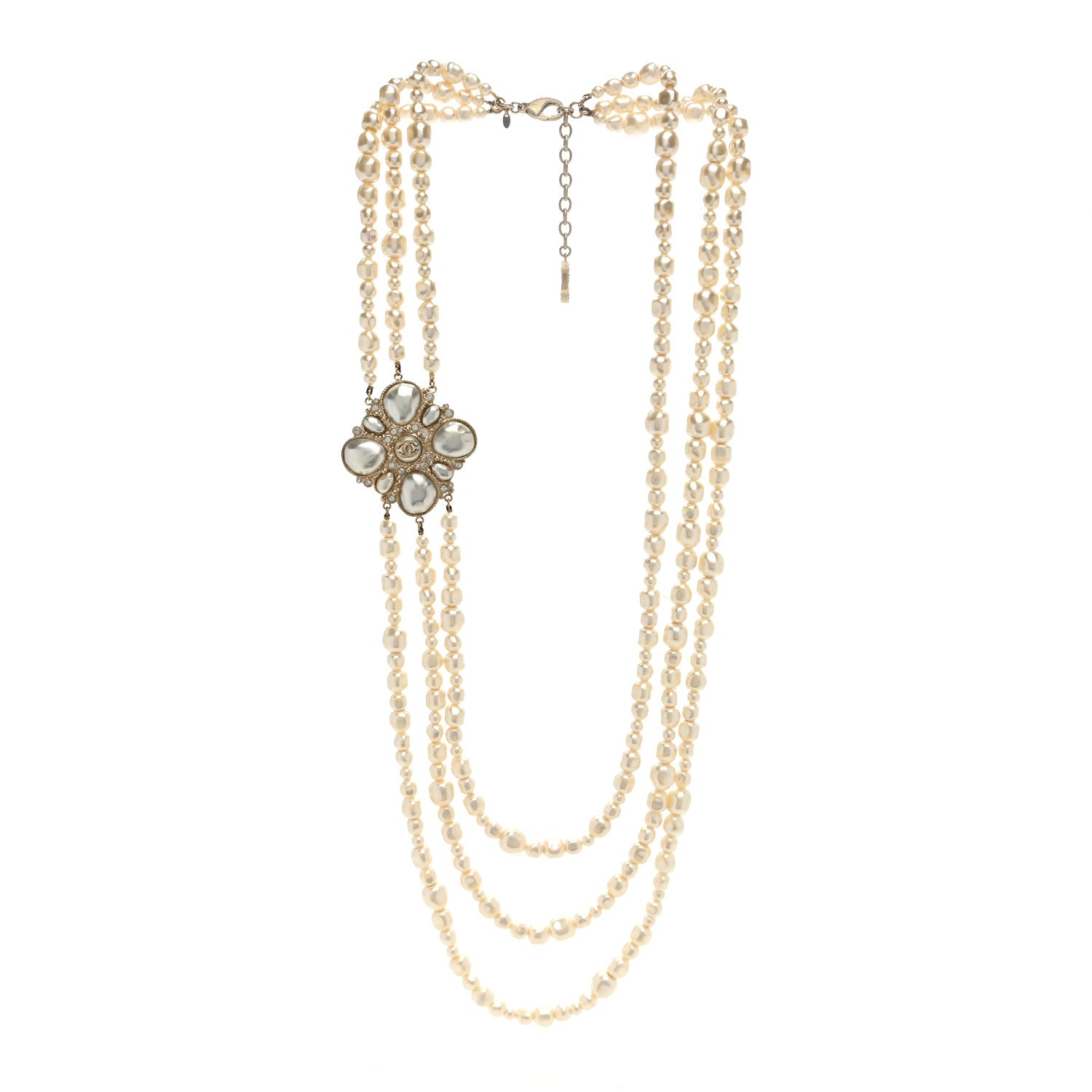 Chanel Graduated Pearl Crystal CC Multi Strand Necklace Gold 3 of 4