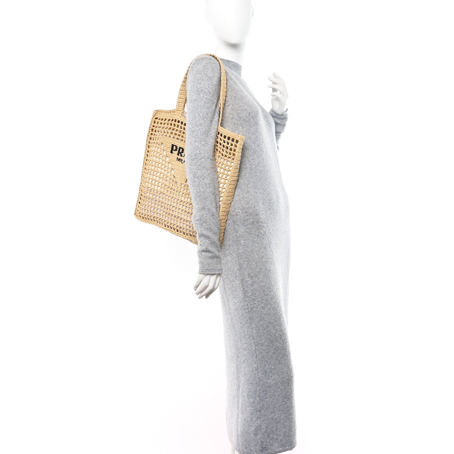 Prada Yarn Raffia Effect Crochet Logo Embroidered Tote Bag Naturale 2 of 9