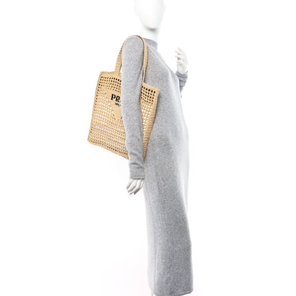 Prada Yarn Raffia Effect Crochet Logo Embroidered Tote Bag Naturale 2 of 9