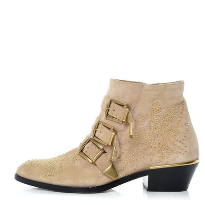 Chloe Suede Sheepskin Studded Susanna Ankle Boots 36.5 Beige Gold 1 of 14