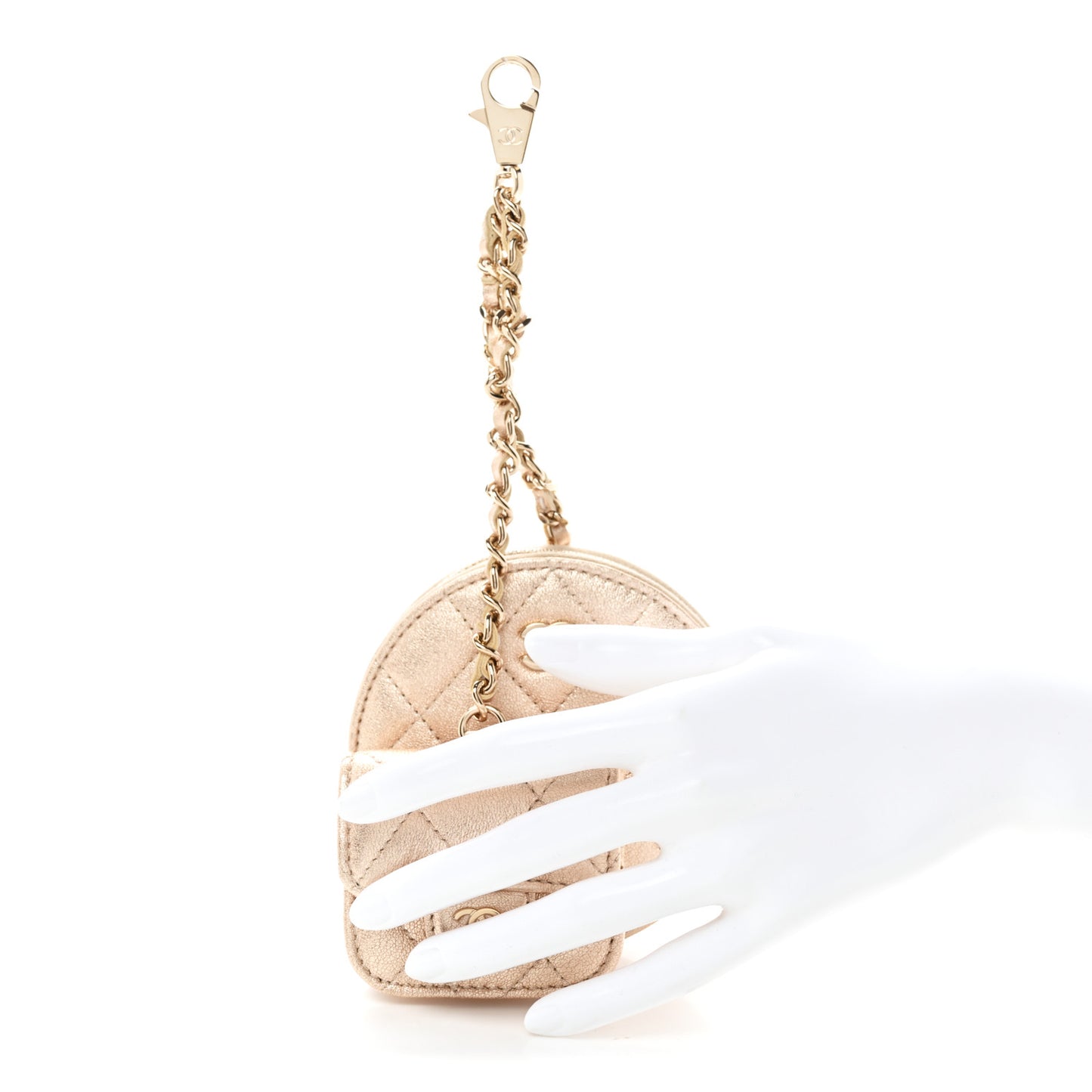 Metallic Lambskin Quilted Round Clip On Coin Purse Airpods Case Gold