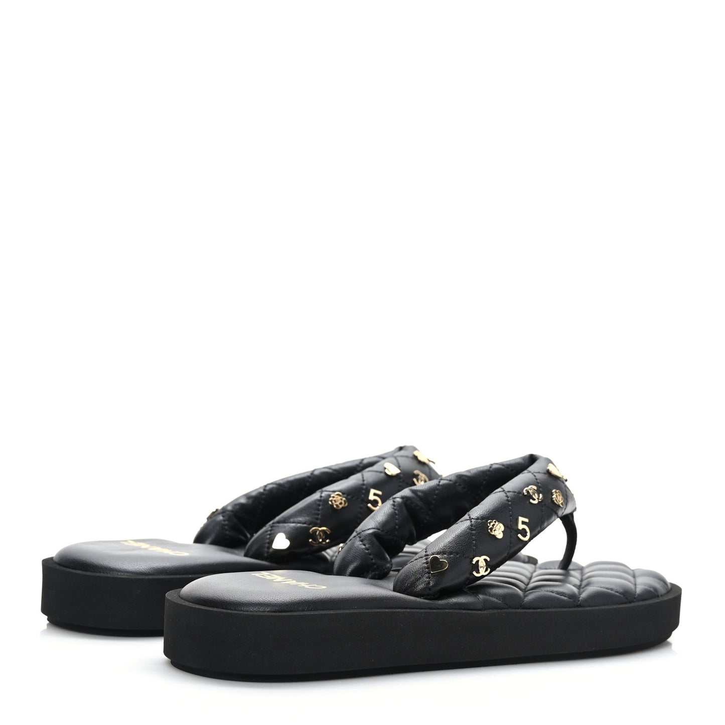 Lambskin Quilted Padded Charms Thong Sandals 39.5 Black