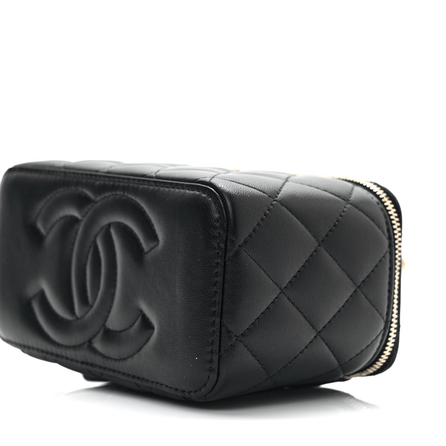 Lambskin Quilted Metal Small Top Handle Vanity Case With Chain Black