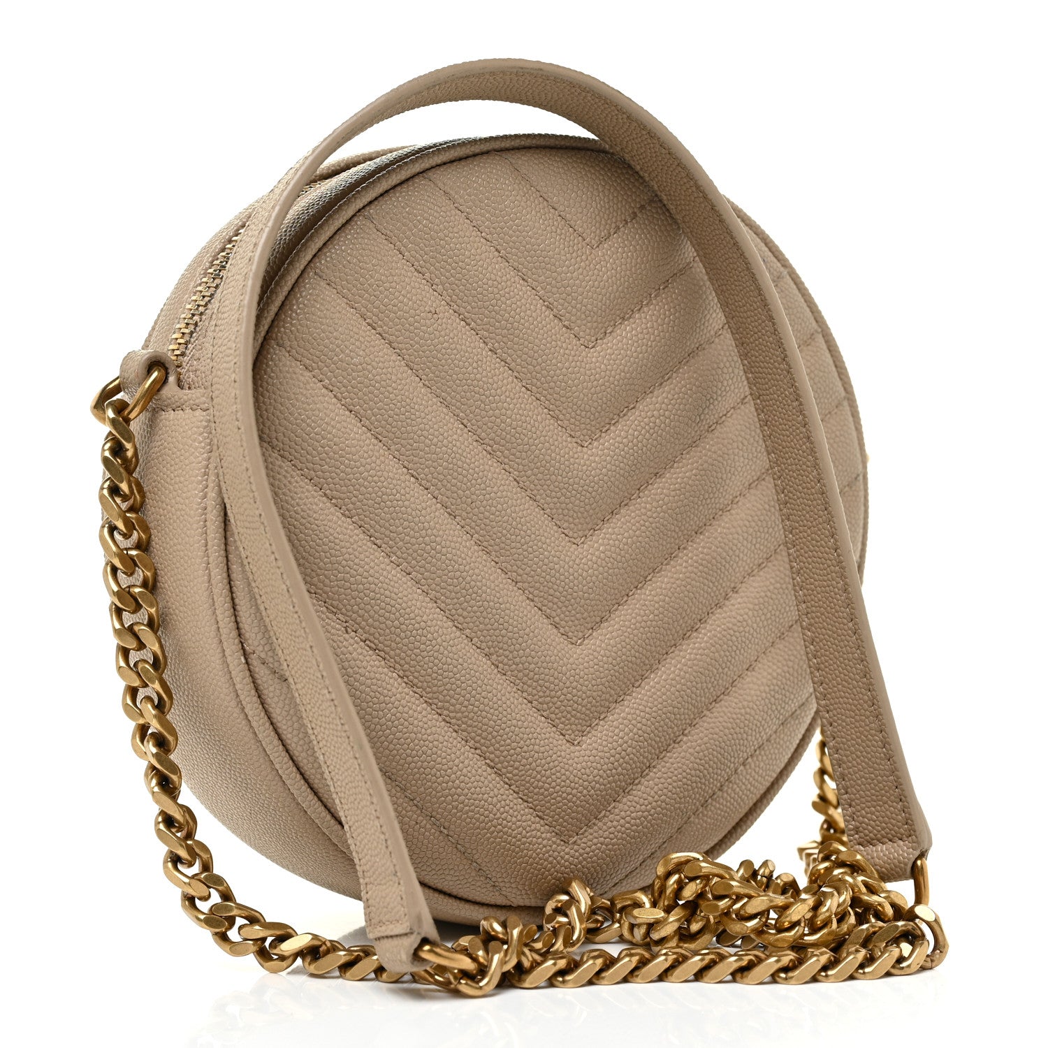 Saint Laurent Grain De Poudre Matelasse Chevron Quilted Round Vinyle Camera Bag Dark Beige 3 of 11