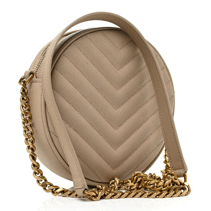 Saint Laurent Grain De Poudre Matelasse Chevron Quilted Round Vinyle Camera Bag Dark Beige 3 of 11