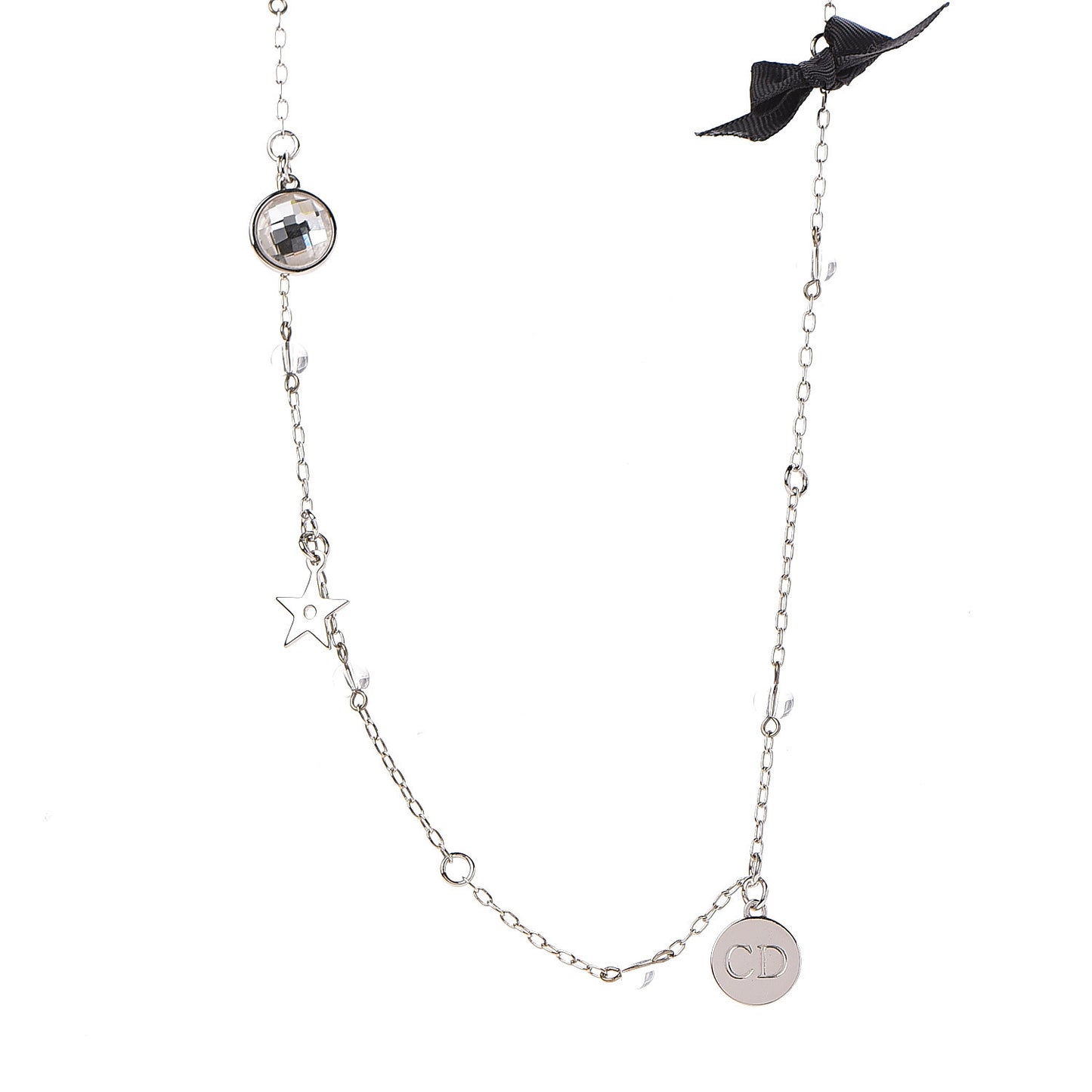 Pearl Crystal Bow Charm Necklace Silver Black