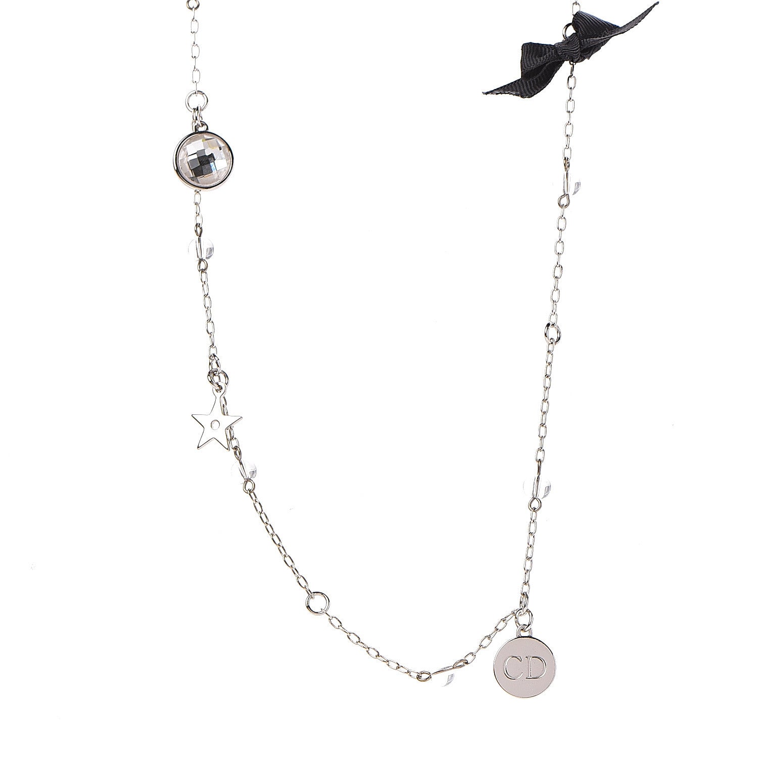 Christian Dior Pearl Crystal Bow Charm Necklace Silver Black 1 of 3