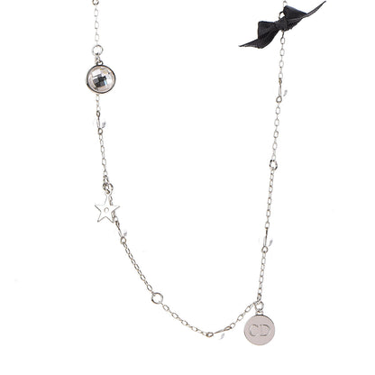 Christian Dior Pearl Crystal Bow Charm Necklace Silver Black 1 of 3