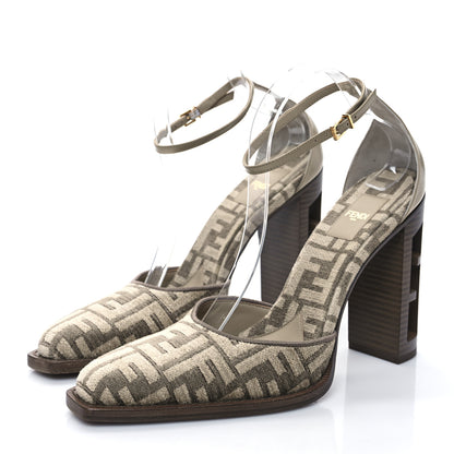 Fendi Chenille Jacquard FF Cut Baguette Ankle Strap 105mm Pumps 41 Tortora Nuvola 3 of 7