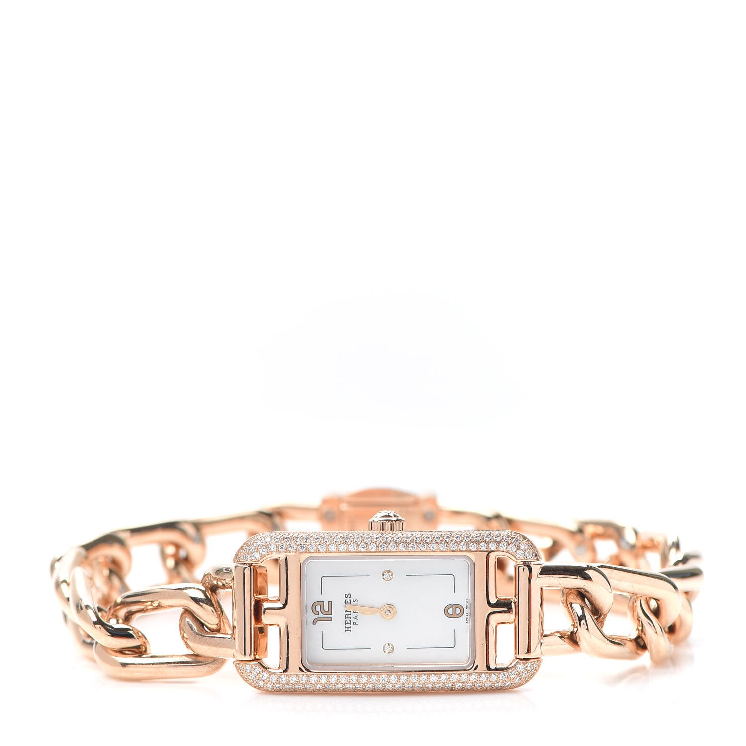 Hermes 18K Rose Gold Diamond Mother of Pearl 17mm Nantucket Quartz Watch 2 of 6