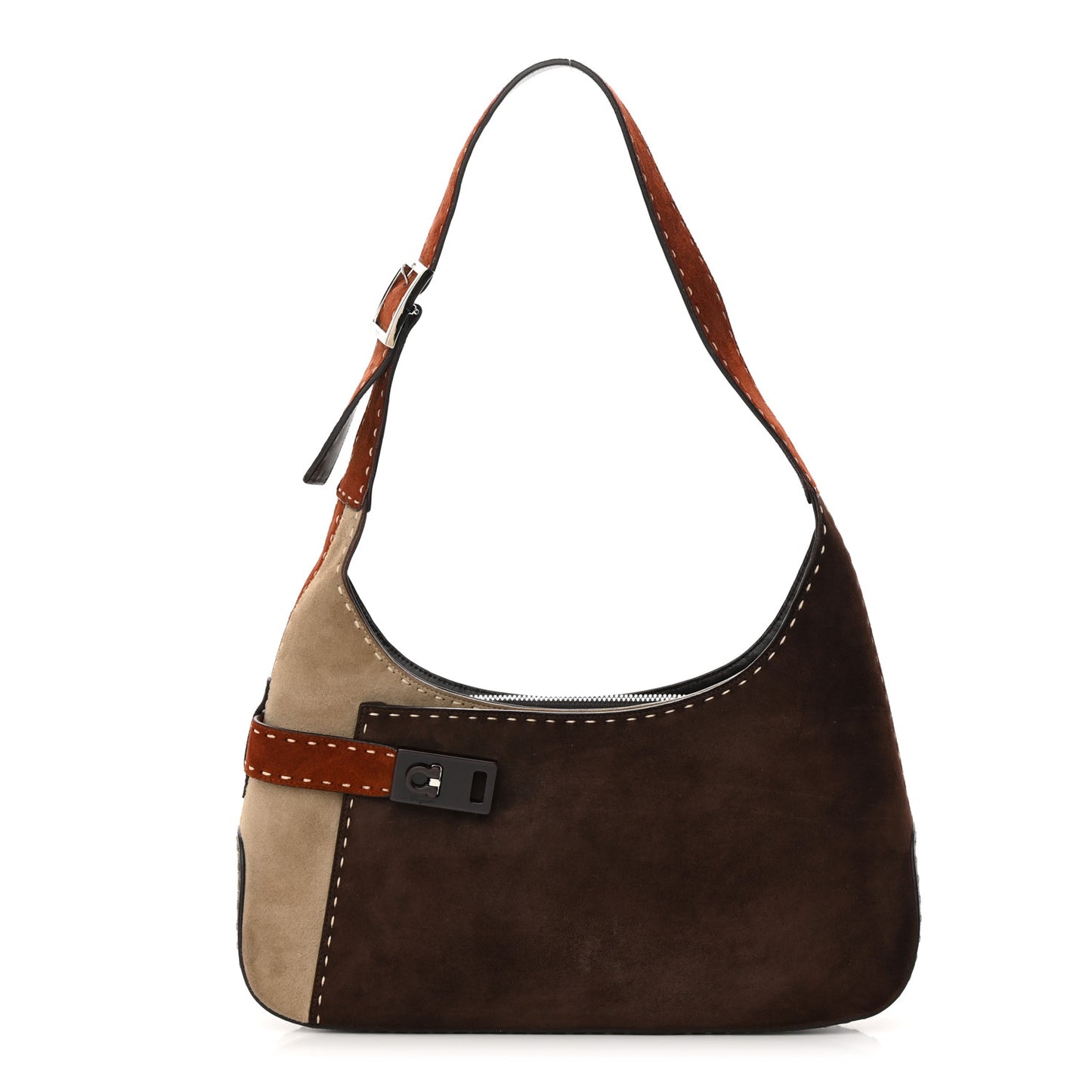 Suede Stitched Patchwork Arch Gancio Shoulder Bag Brown