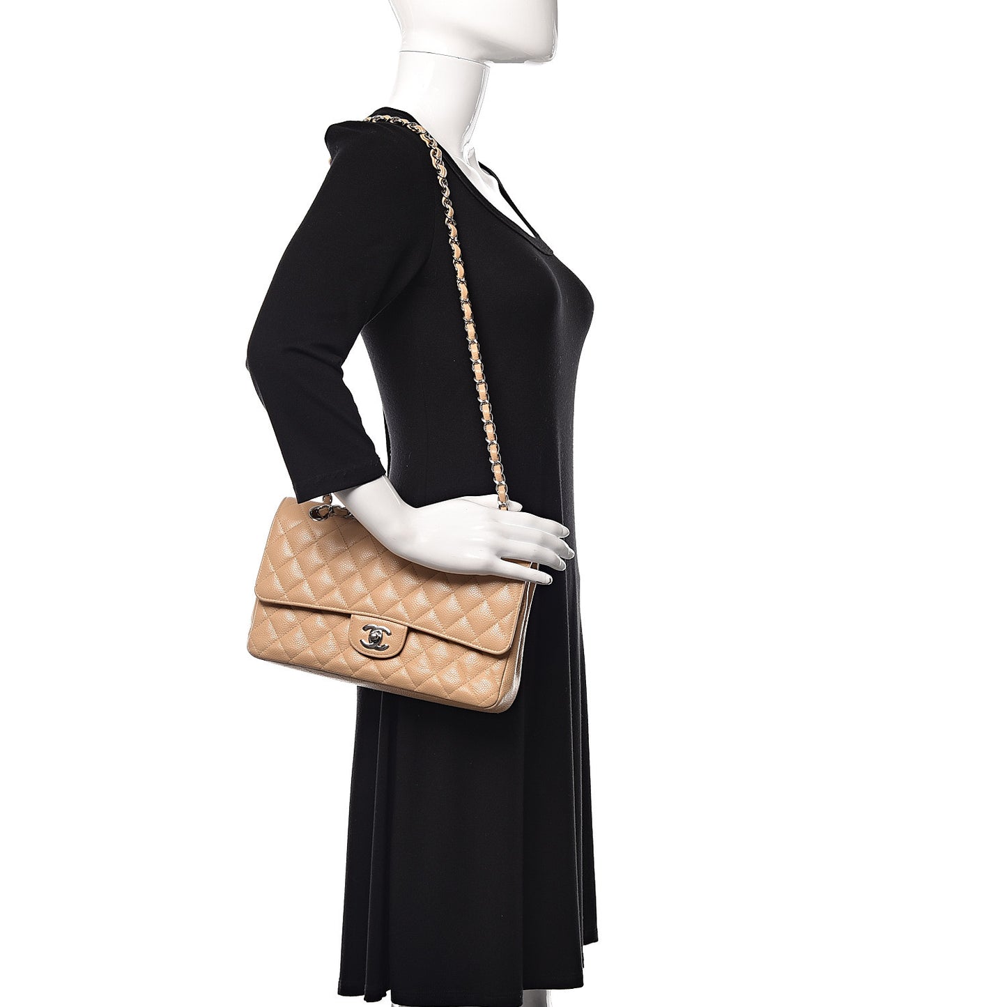 Caviar Quilted Medium Double Flap Beige Clair