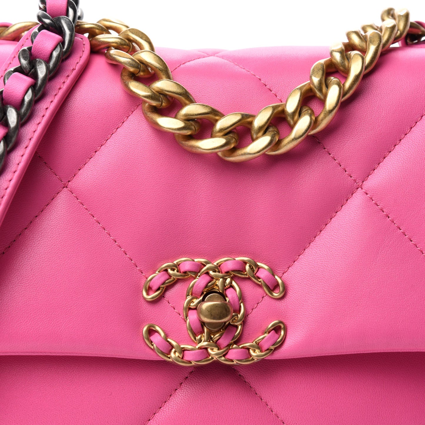 Shiny Lambskin Quilted Medium Chanel 19 Flap Neon Pink