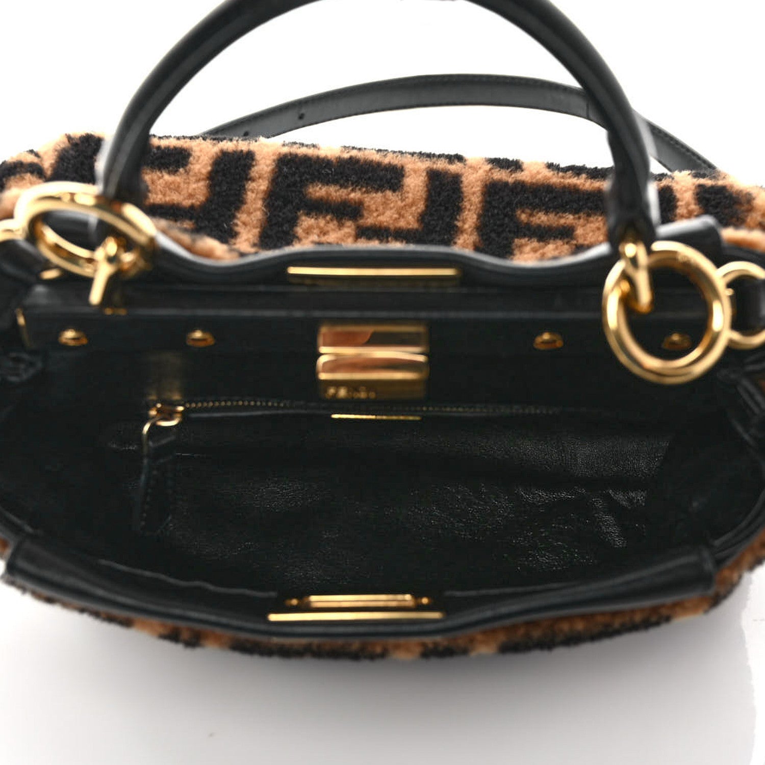 Fendi Shearling Nappa Macro FF 1974 Mini Peekaboo Iconic Satchel Tobacco Black 5 of 8