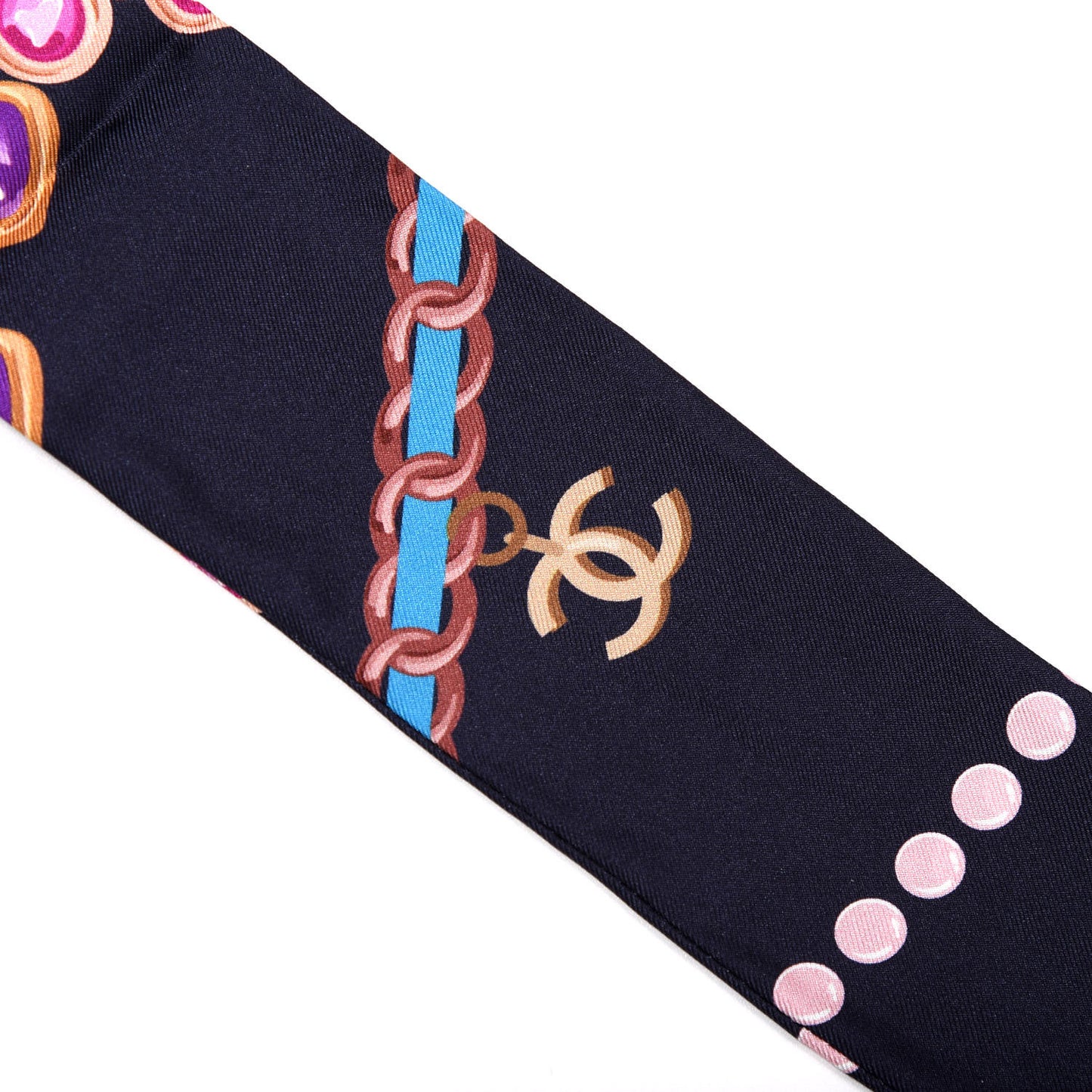 Silk Pearl CC Chain Slim Bandeau Scarf Navy Blue