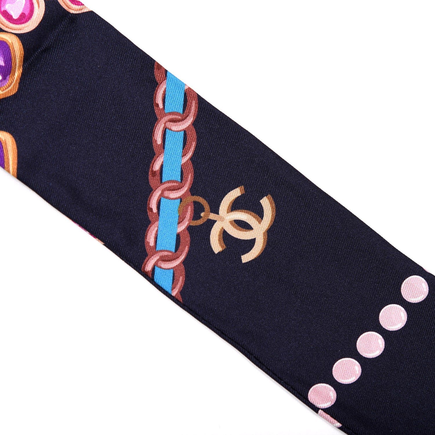 Chanel Silk Pearl CC Chain Slim Bandeau Scarf Navy Blue 3 of 4