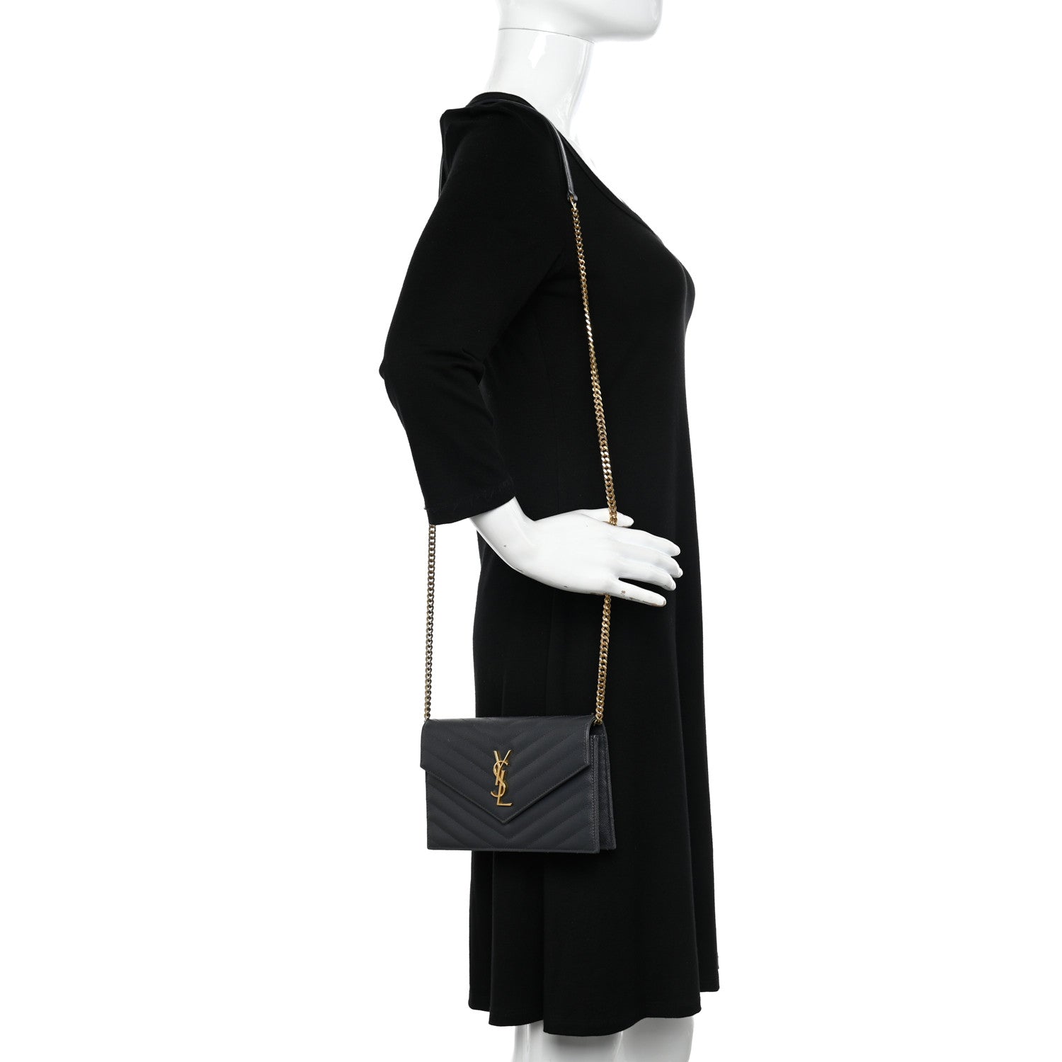 Saint Laurent Grain De Poudre Matelasse Chevron Monogram Envelope Chain Wallet Dark Smog 2 of 13