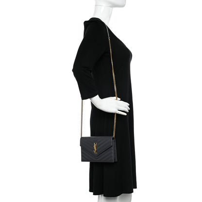 Saint Laurent Grain De Poudre Matelasse Chevron Monogram Envelope Chain Wallet Dark Smog 2 of 13
