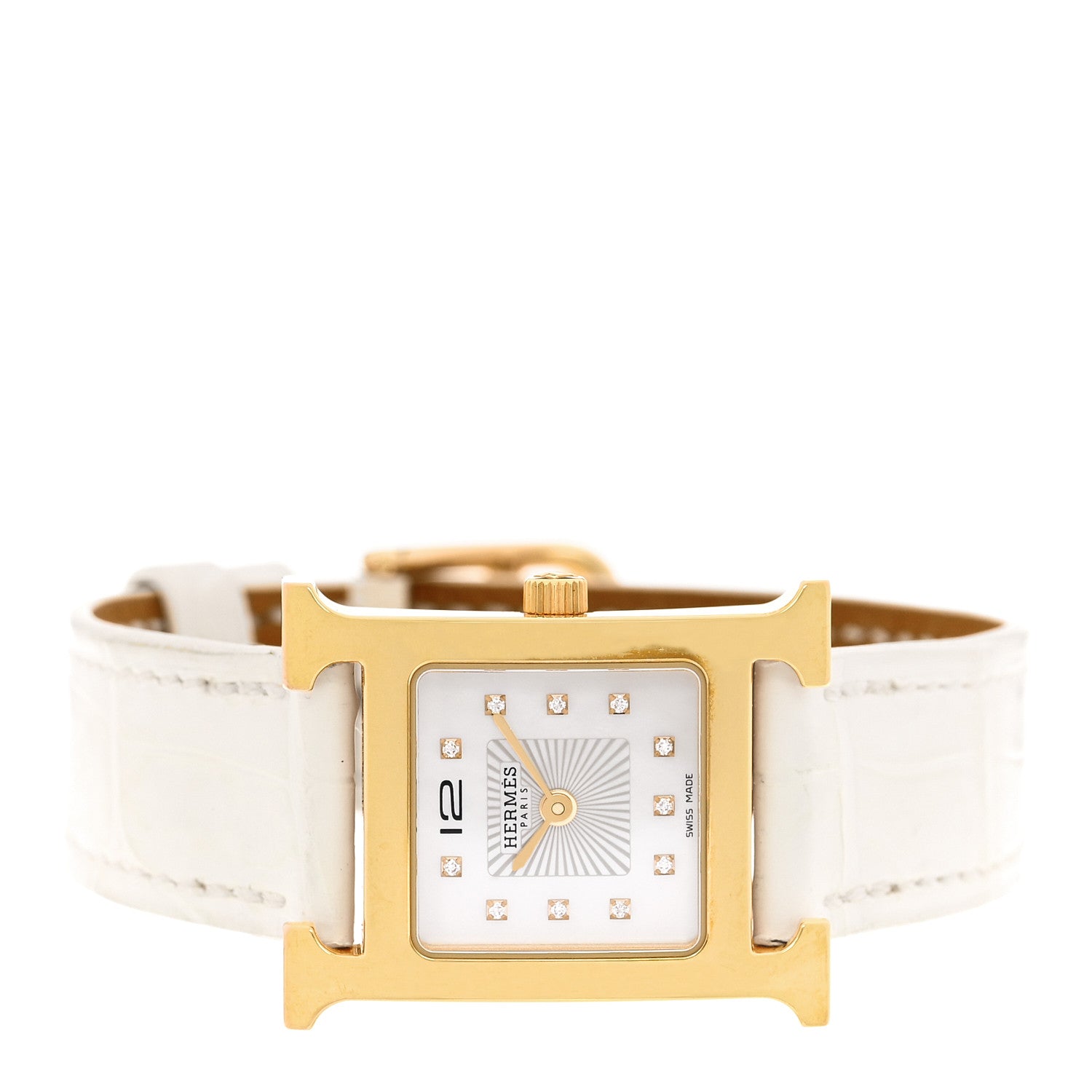 Hermes Stainless Steel Alligator Diamond Mother of Pearl 21mm Heure H Hour Quartz Watch Blanc 2 of 5
