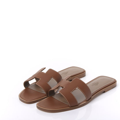 Hermes Box Calfskin Oran Sandals 37 Gold 3 of 9
