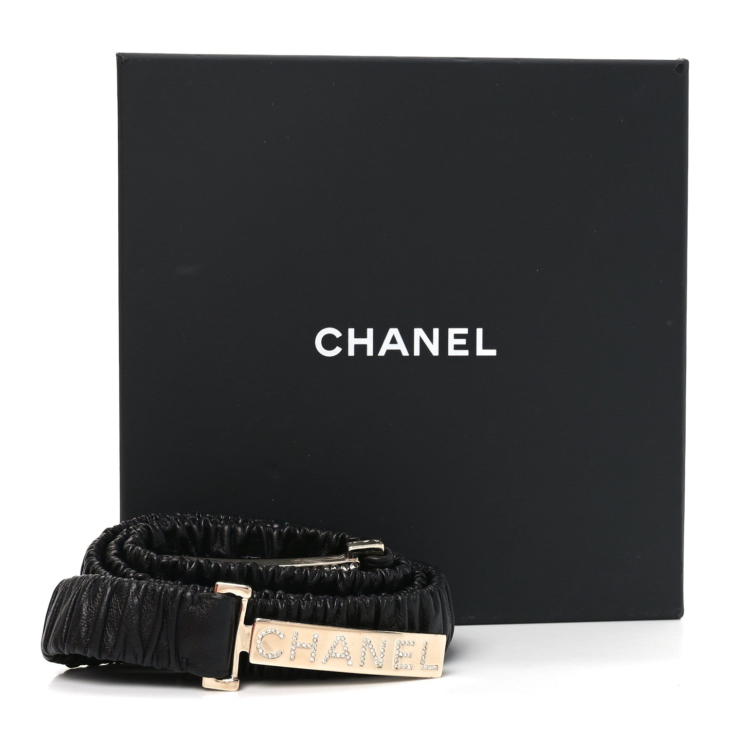 Chanel Lambskin Crystal Logo Belt 95 38 Black Gold 1756470
