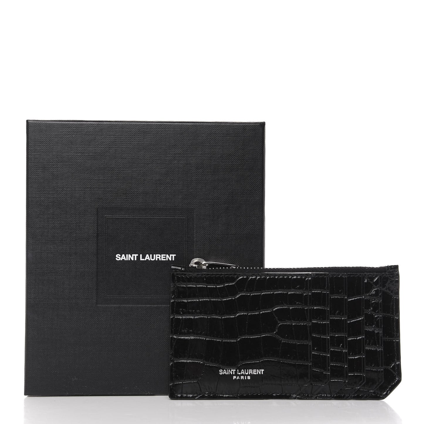 Calfskin Crocodile Embossed 5 Fragments Zip Pouch Card Holder Black